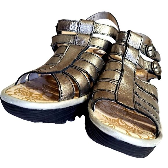 Fly London Women's 9 Bronze Gold Metallic Strappy Sandals 2.5" Wedge Hook & Loop - Picture 2 of 9